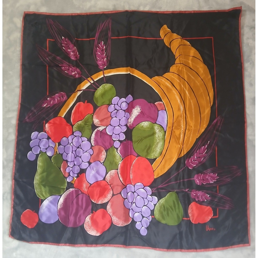 Vera‎ Neumann Vintage Silk Scarf Black Cornucopia Fruit Harvest Made in Japan